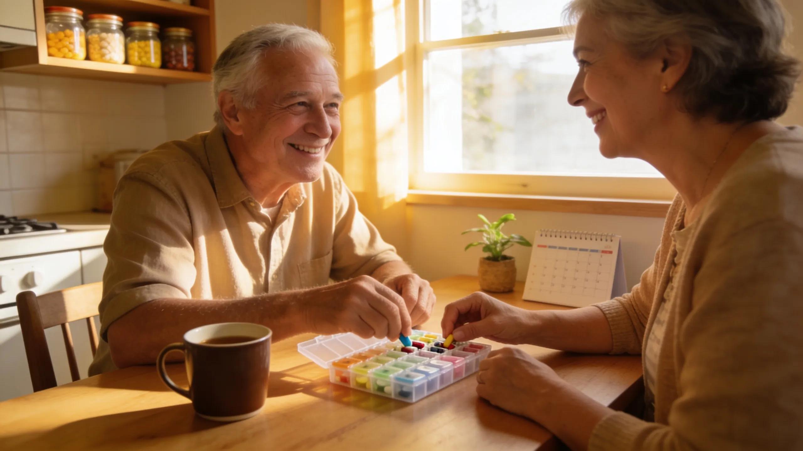 Senior couple organizing medications at home, illustrating medication management and care for elderly