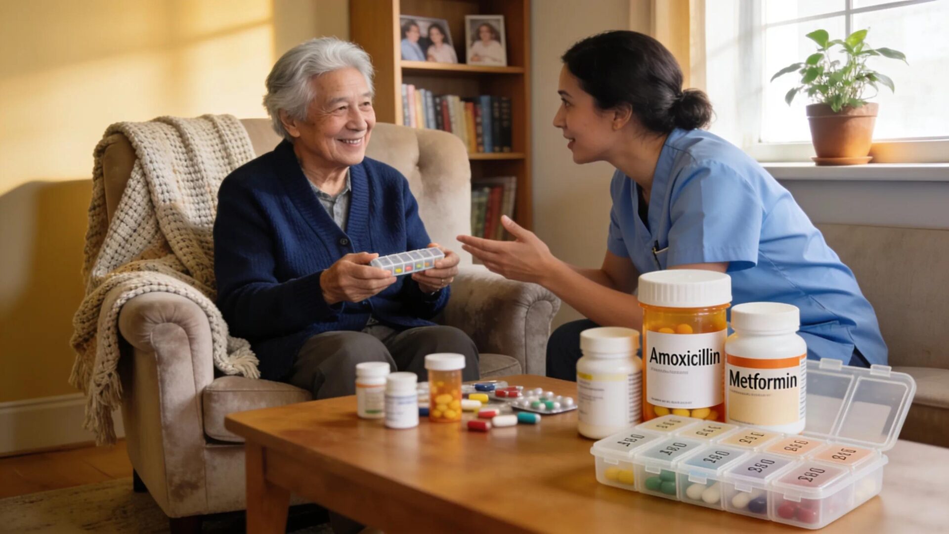 Senior and caregiver engaging in medication management at home, illustrating the theme of in-home health support