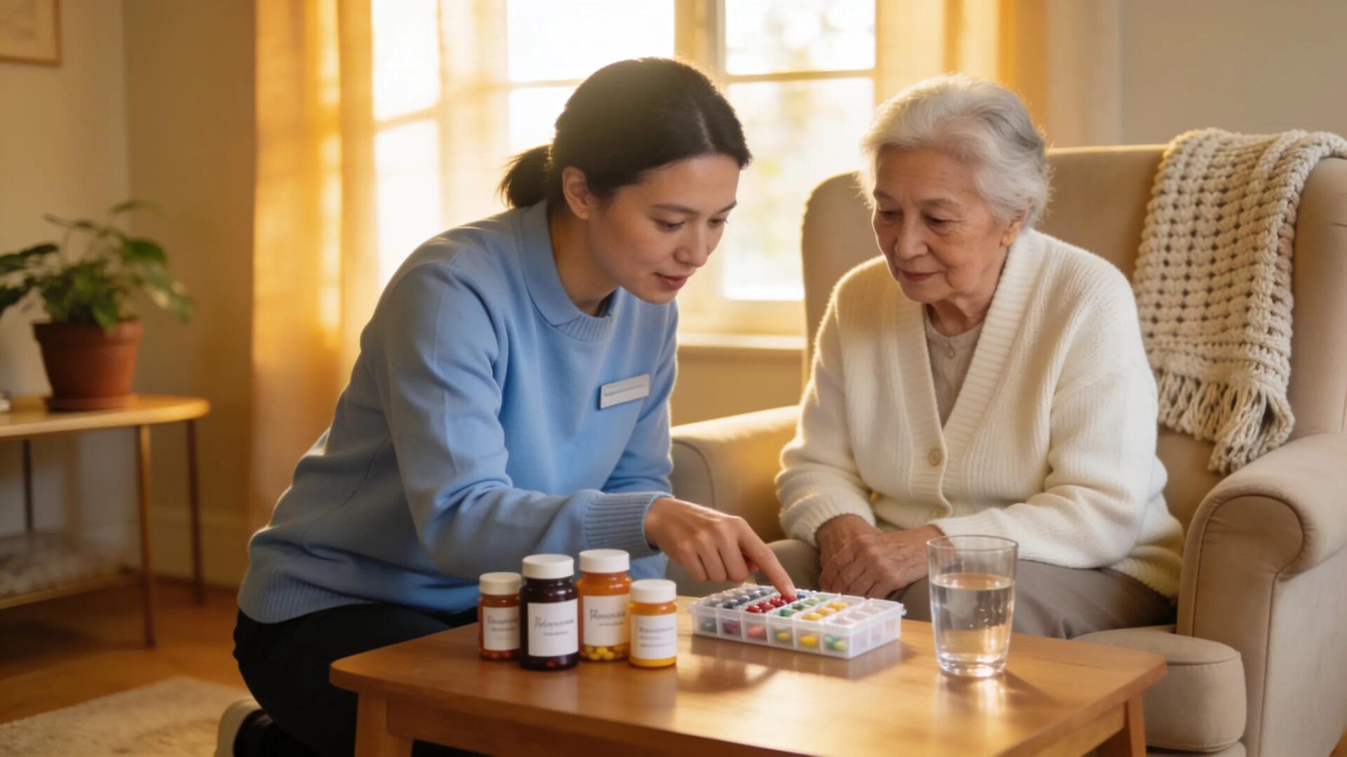 Caregiver assisting a senior with medication management in a cozy home