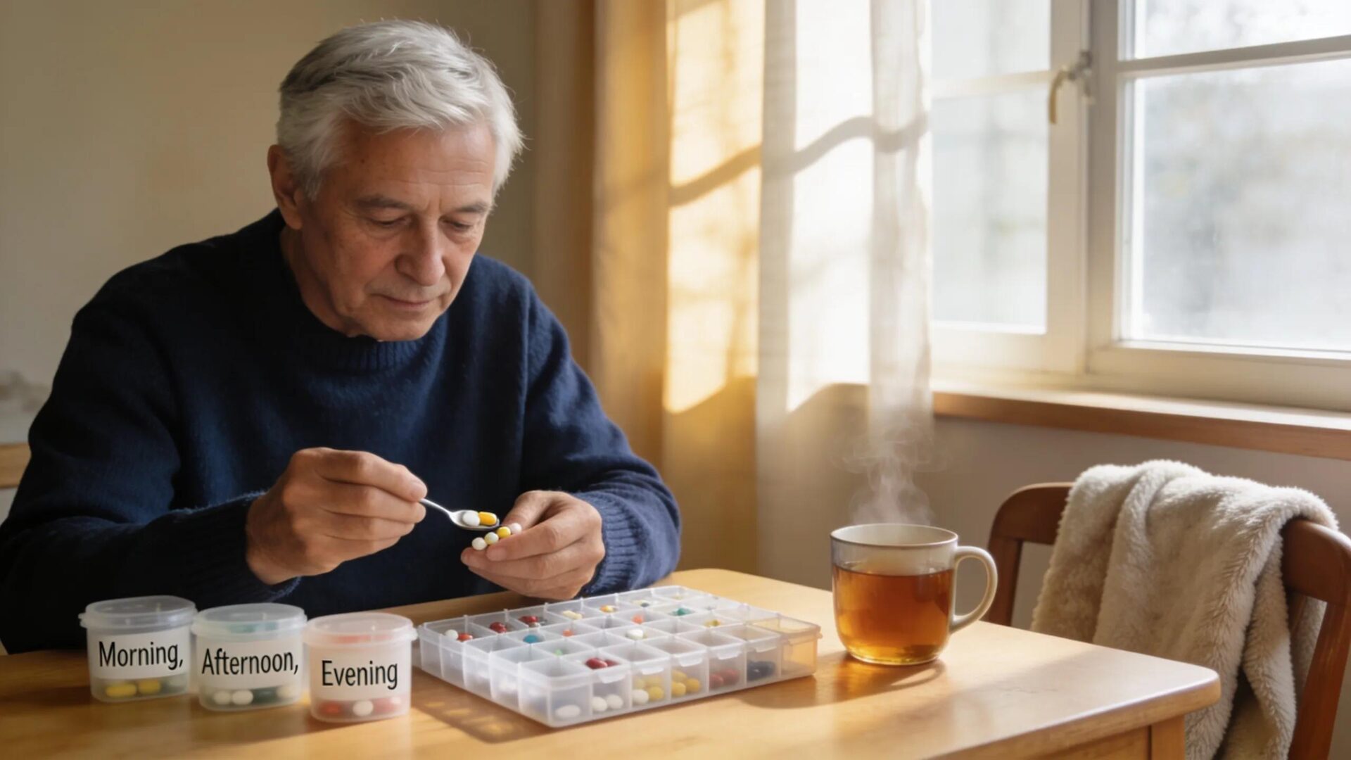 Senior man managing medications with pill organizers in a cozy home environment