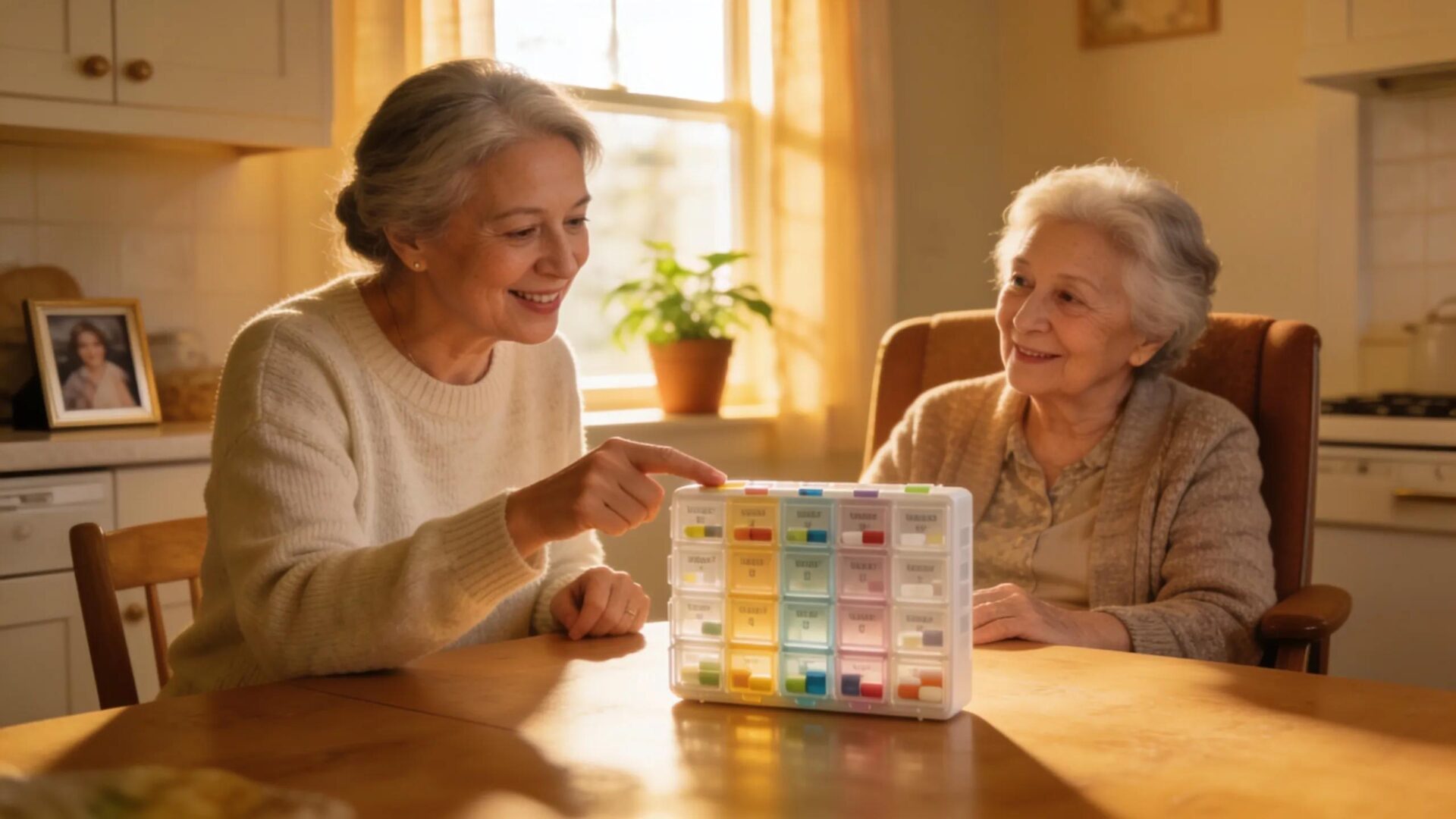 Caregiver assisting a senior with medication management at home