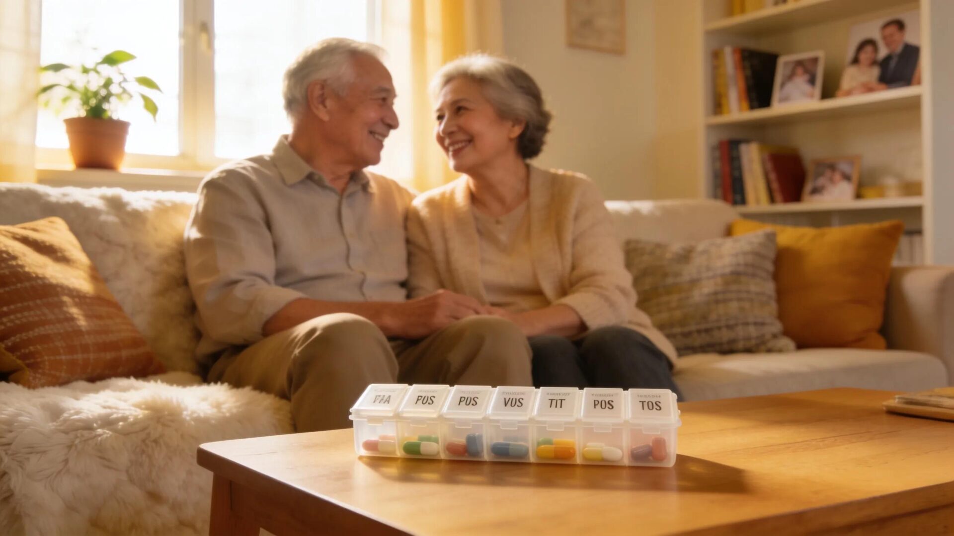 Senior couple engaging in medication management with a pill organizer in a cozy living room