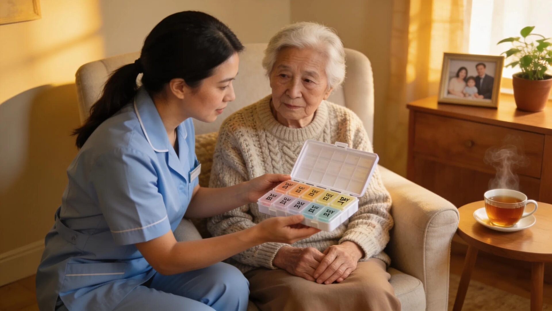 Caregiver helping elderly patient with medication management in a home care setting