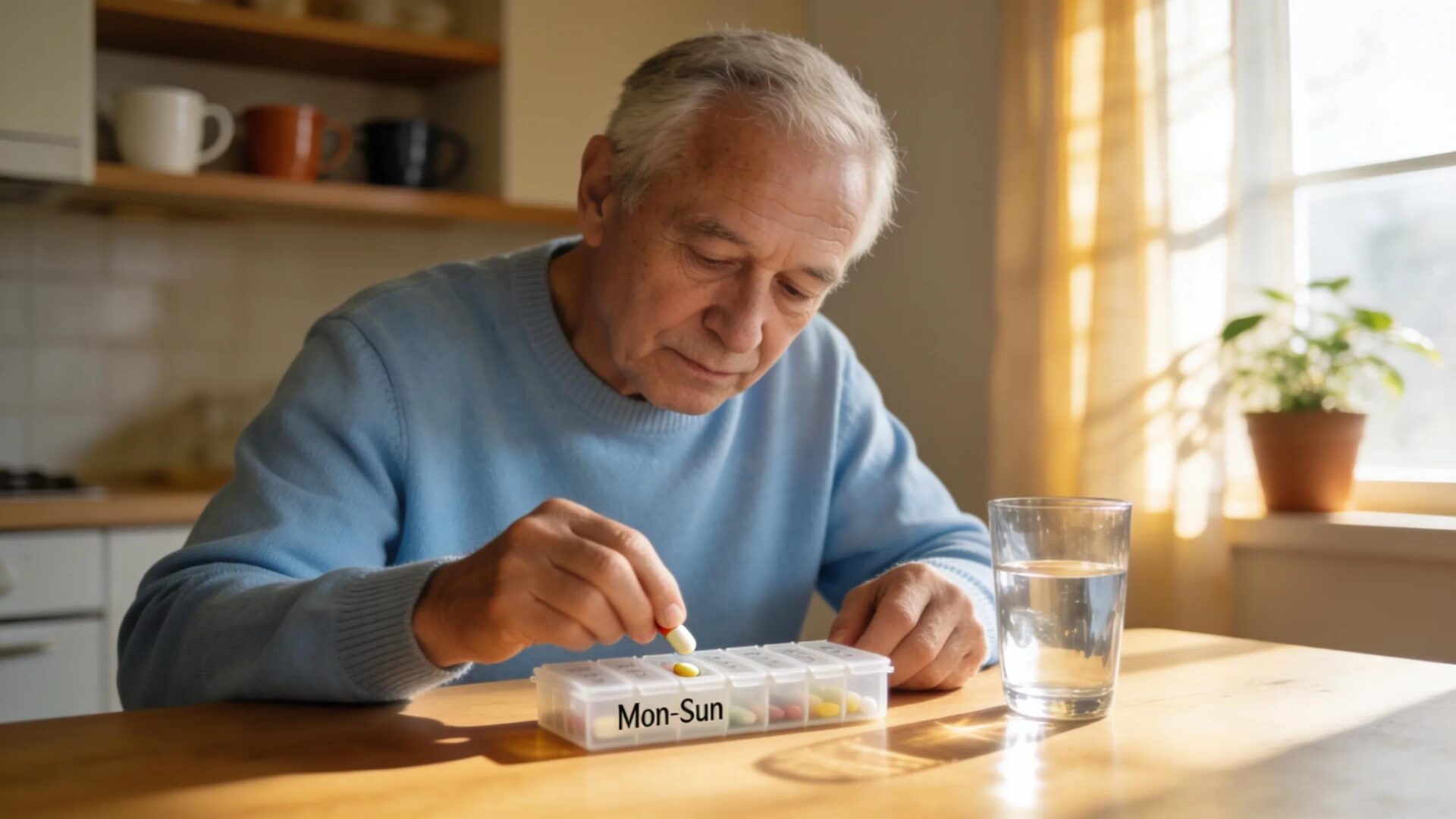 Senior man managing medications in a bright kitchen, showcasing the importance of medication adherence